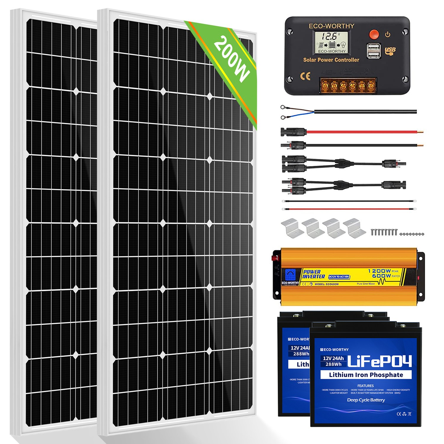 200W 12V Complete Off Grid Solar Panel Kit